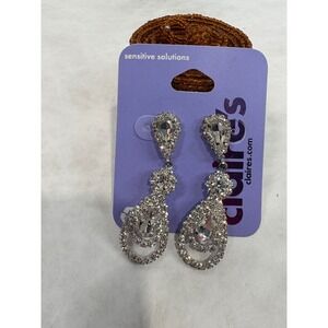 Y2K Claires Sensitive Solutions Silver Rhinestone Teardrop Dangle Drop Earrings